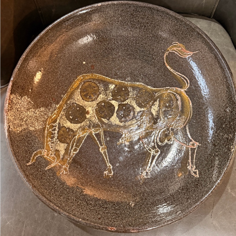 Handcrafted Brown Ceramic Plate with Artistic Bull 🐂 Design